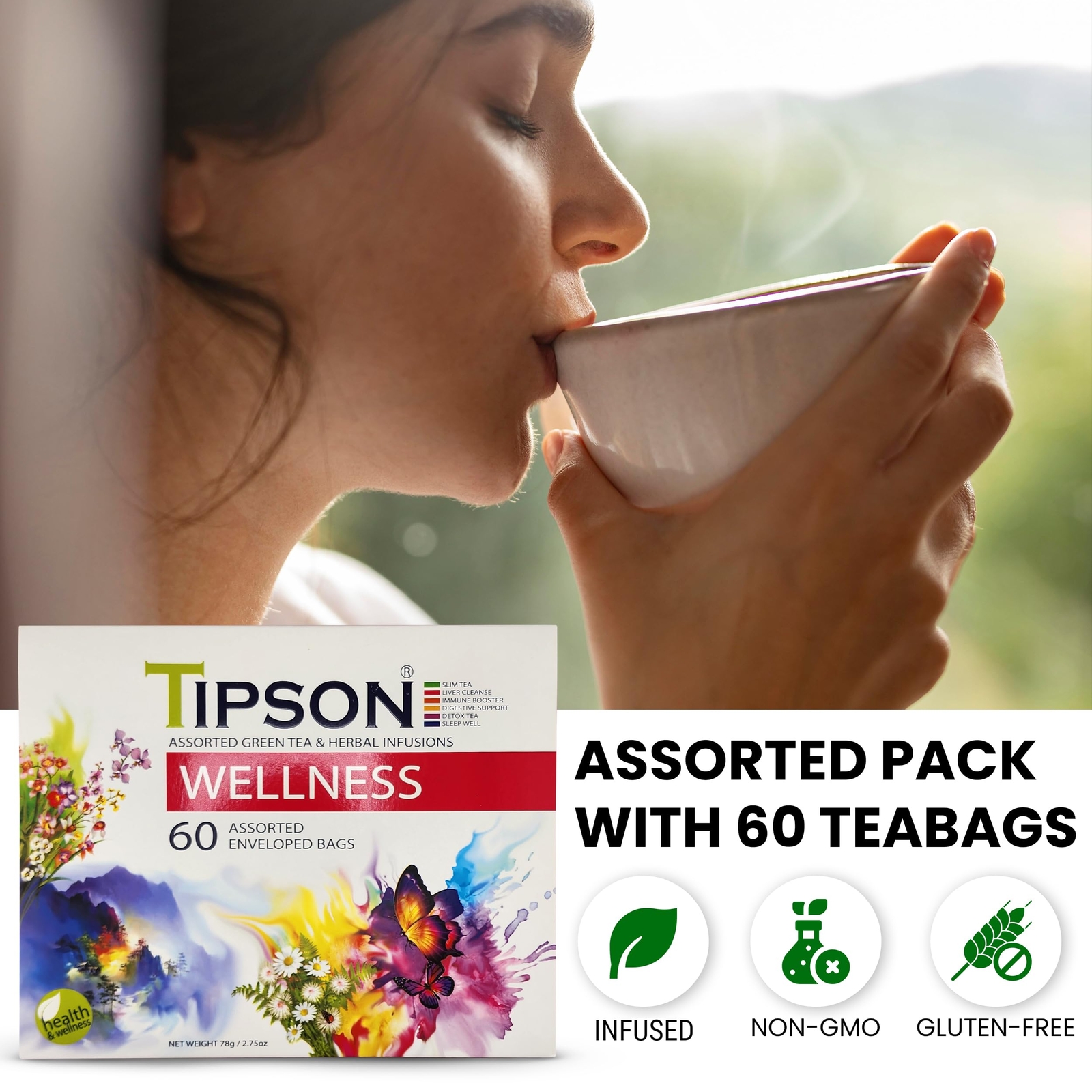 Wellness Variety Sampler: 6 Flavors | 6 Benefits (60 Tea Bags) - Green Tea & ...