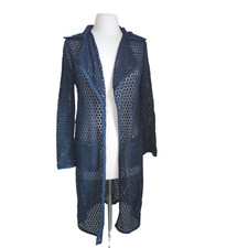 Etcetera Crochet Lace Duster Cardigan Jacket Size 4 Navy Blue Pockets Open Knit