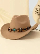 Beige, Cowboy & Cowgirl Hat – Wide Brim, Brown Bead Strap, Retro Western Look