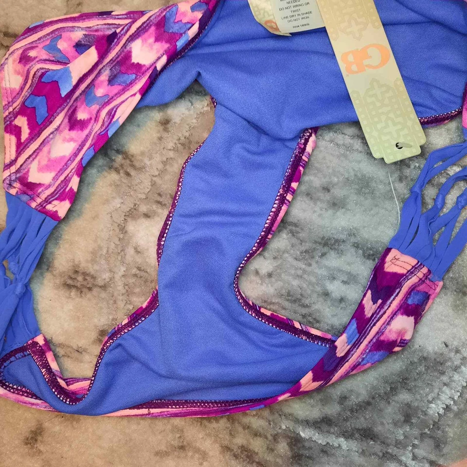 GB NUEVO SIN ETIQUETAS Azul Rosa Púrpura Geométrico Tirantes Laterales Parte Inferior de Bikini GRANDE Foto 3 de 4