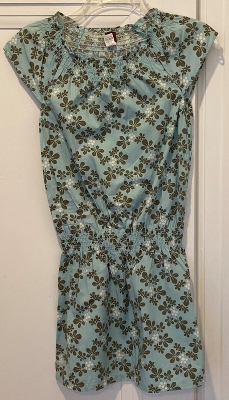 Tea Collection girls dress sz 8;blue & green pattern; smocked neck & drop waist