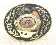 Pink Purple Brown Rhodonite Stone Black Gold Tone Oval Belt Buckle Vintage