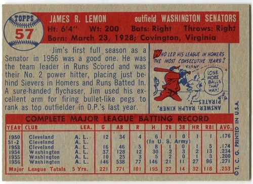 1957 Topps #57 Jim Lemon Washington Senators - Bild 2 von 2