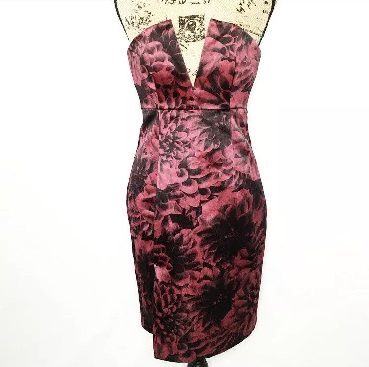 NBD Revolve Cocktail Dress S Black Red Floral Strapless Mini Dress