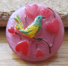 1-Czech Glass Multicolored Bird and Red Hearts-Pink Button #44 .825" = 21.12mm