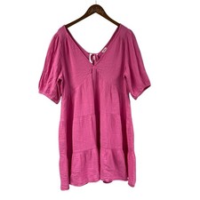 aerie Pink Gauzy Mini Dress XL V Neck Short Sleeve 100% Cotton Airy Comfy