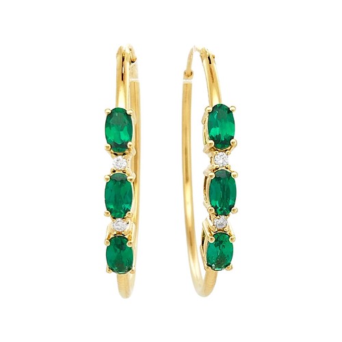 Lab Emerald Diamond Hoop Earrings: 14K Gold Plated Sterling Silver