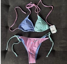 Roxy 2-Pc Bikini Set Triangle Halter Top Cheeky Tie-Side Bottoms S