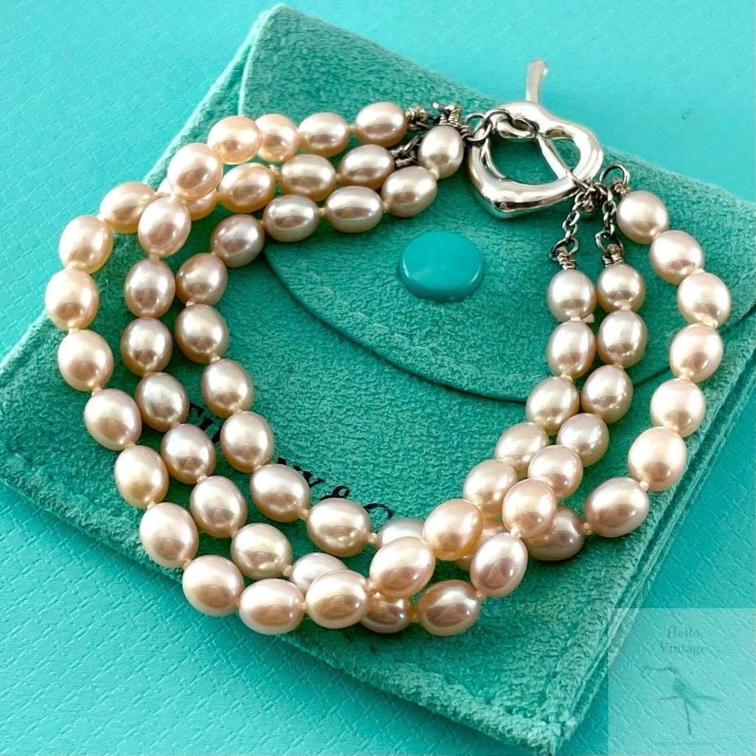 Tiffany & Co. Open Heart Pearl Toggle Bracelet 3 Strand Sterling