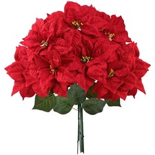 Artificial Christmas Poinsettia Flowers 9.8    Large Heads 6 Pcs Red Velvet Fa...
