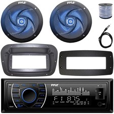 Pyle 1-DIN Marine MP3 Receiver W/Install Kit  Adapter Plate, 2x 4" LED Speakers