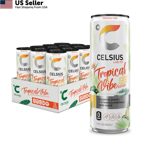 CELSIUS Sparkling Tropical Vibe, 12 Fl Oz Pack of 12, Vibe