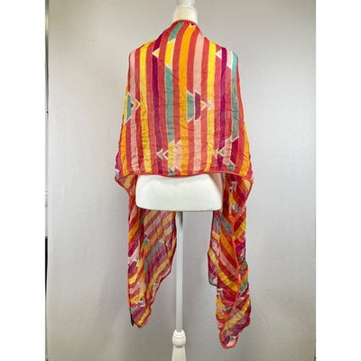 Boho Made of Me Womens OS Multicolor Striped Pom Pom Trim Rayon Wrap Scarf