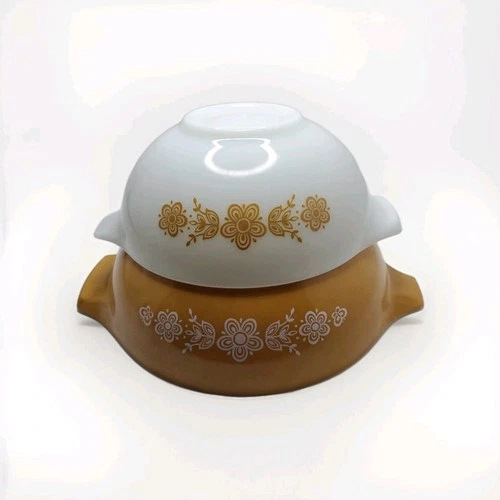 PYREX Cinderella Nesting Mixing Bowls Butterfly Gold 443 + 444