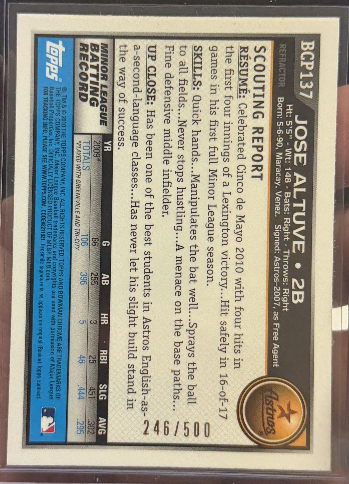 2010 Bowman Chrome - Prospects Jose Altuve #BCP137 Refractor /500 (RC) view 4
