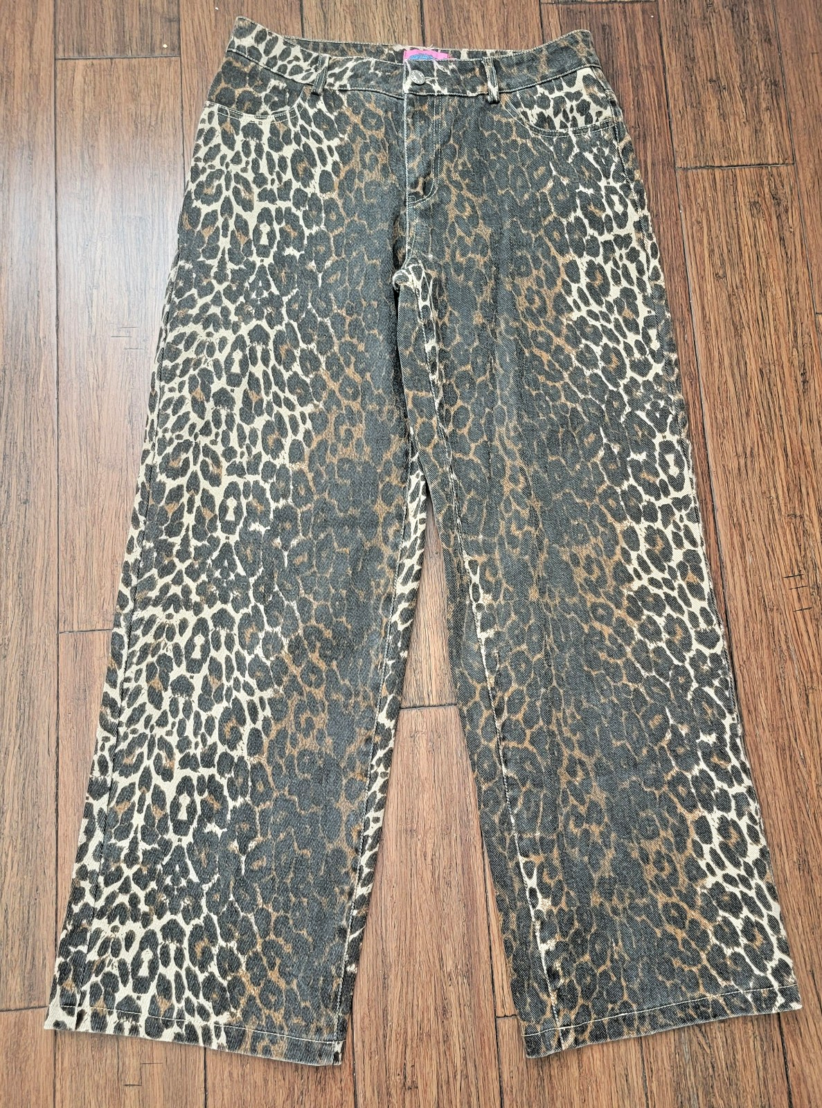Edikted Women's Medium Brown Cream Leopard Print Denim Wide Leg Jeans Zip Pants