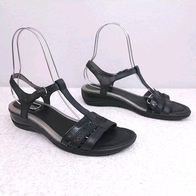 ECCO Sandals Women's EU 40 Black Leather T-Strap Wedge Heel Pumps Sensata Shoes