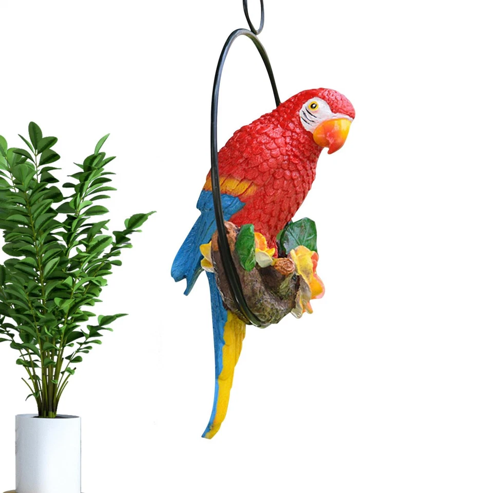 Escultura criativa de resina papagaio pendurado em árvore decoração jardim pássaro vermelho - Imagem 3 de 4