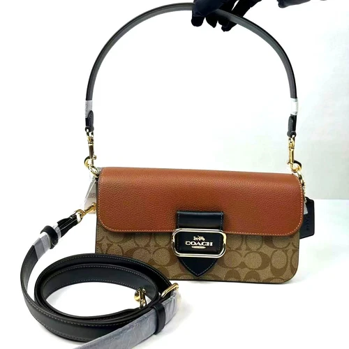Borsa a tracolla Coach Morgan Colorblock firma tela oro cachi multi CE560 nuova con etichette