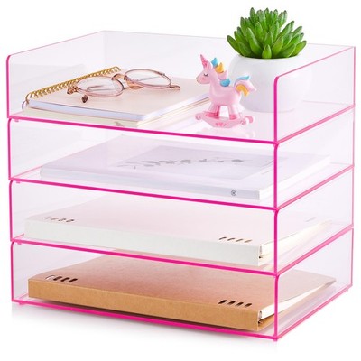 4 Tier Pink Acrylic Desk File Organizer Stackable Letter/A4 Paper Tray Home
