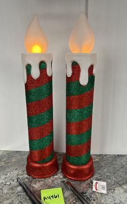 2 Mr Christmas 24  Lighted Flickering Flame Red Green Striped Candle Blow Mold