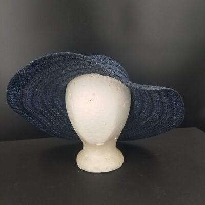 Vintage Acetate Woven Summer Beach Straw Brim Floppy Hat Blue One