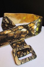 HOT WOMEN HIP WAIST BLACK LACE FAUX LEATHER FASHION BELT METALIC GOLD FABRIC S M
