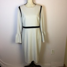 Calvin Klein Sheath Dress Sz 12 Womans Light Gray Black Long Bell Sleeve Stretch