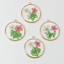 4PCS Gold Tone Dried Pressed Flower Resin Round 30mm Charm Pendant GYX2009