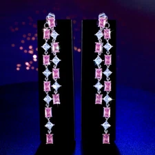 Extra Long Tassel Baguette Rhombus Dangle Drop Earrings CZ Pink for Women Party