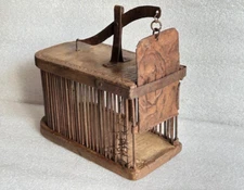 OLD VINTAGE HEAVY HANDMADE WOODEN & IRON WIRE JALI RAT-MOUSE TRAP / CAGE
