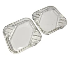 2 Vintage Clear Glass Ashtrays Heavy Thick Retro Modern Smoker MCM 4.5" Square 