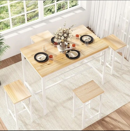 5 Pieces Dining Table Set for 4,Beige Bar Table Set with 4 Bar Stools Counter - Picture 2 of 6