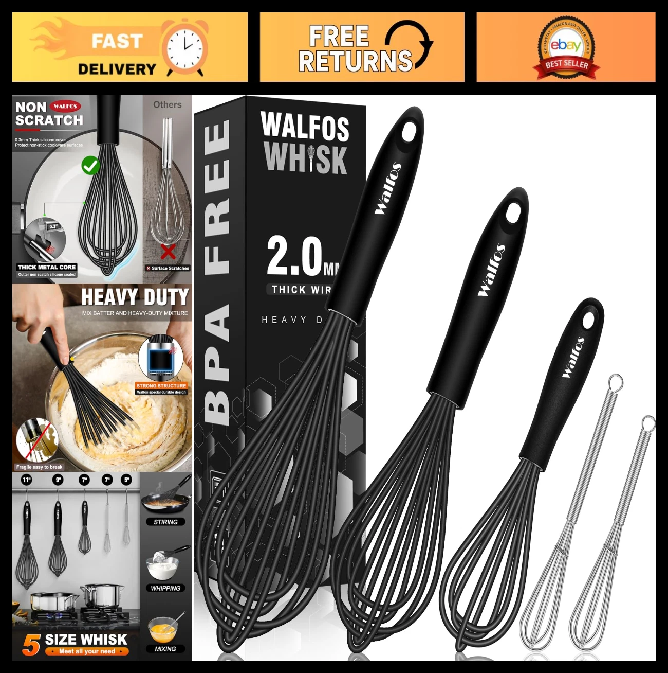 Silicone Whisk Set - Non-Scratch Coated 7/9/11in & Mini Stainless Steel Whisk fo