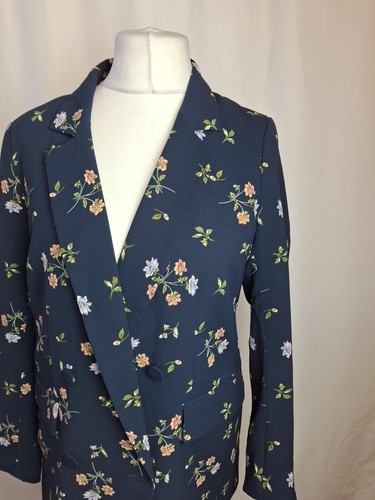 H&M Patterned Double Breasted Jacket Blazer Navy Blue Floral Print UK12 L2586 - Picture 2 of 12