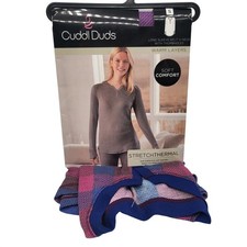 Cuddl Duds Stretch Thermal Long Sleeve Split V-Neck Top Thumbholes Plaid S New