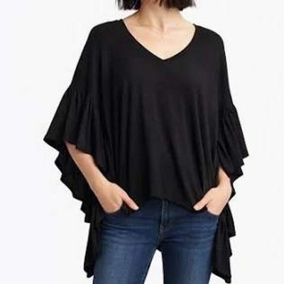 Akemi & Kim Anthropologie Black Ribbed Oversized Black V Neck Top Ruffle Sleeves