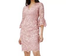 Adrianna Papell Women's Dress Size 8 V-Neck Bell Sleeves Embroidered Pink NWT 39