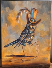 Original Oil Painting~~Cowboy CROW~~BIRD~ART~One Of A Kind~Corvid~Bolo~Whimsical