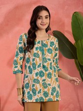 Indian Women Green Cotton Floral Print Embroidered Kurta Kurti Top Tunic Dress