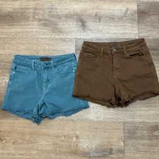 Judy Blue Teal Green Brown Raw Hem Denim Shorts Size S Mid Rise BOGO Set Of 2