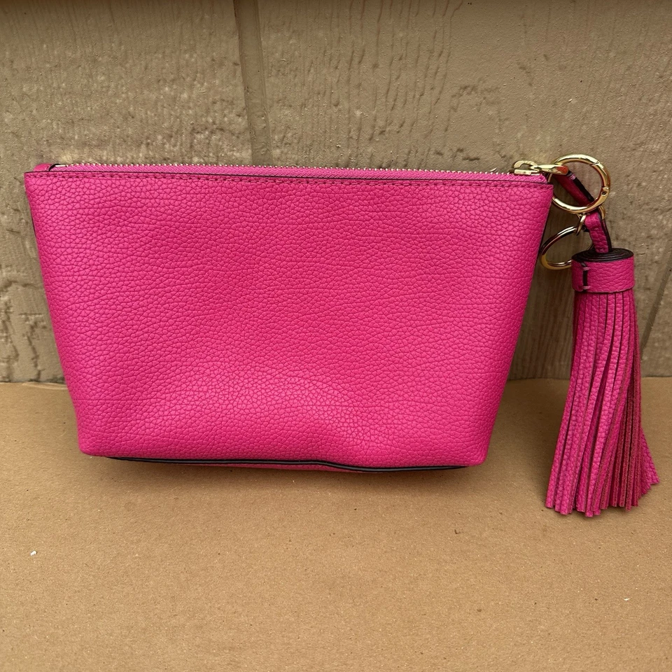 New Lauren Ralph Lauren Leather Cosmetic Pouch Tassel Pink Gold Makeup Bag - Image 2 of 4