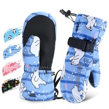 Kids Ski Mittens, Waterproof Snow Insulated XS  4-6 Years Old  Blue-Bear