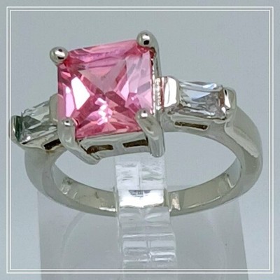 3.5 Ct Vintage 3-Stone White Gold Silver Tone Pink Sim Diamond CZ Ring Size 10