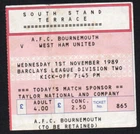 Football Ticket stub AFC Bournemouth v West Ham United 1989