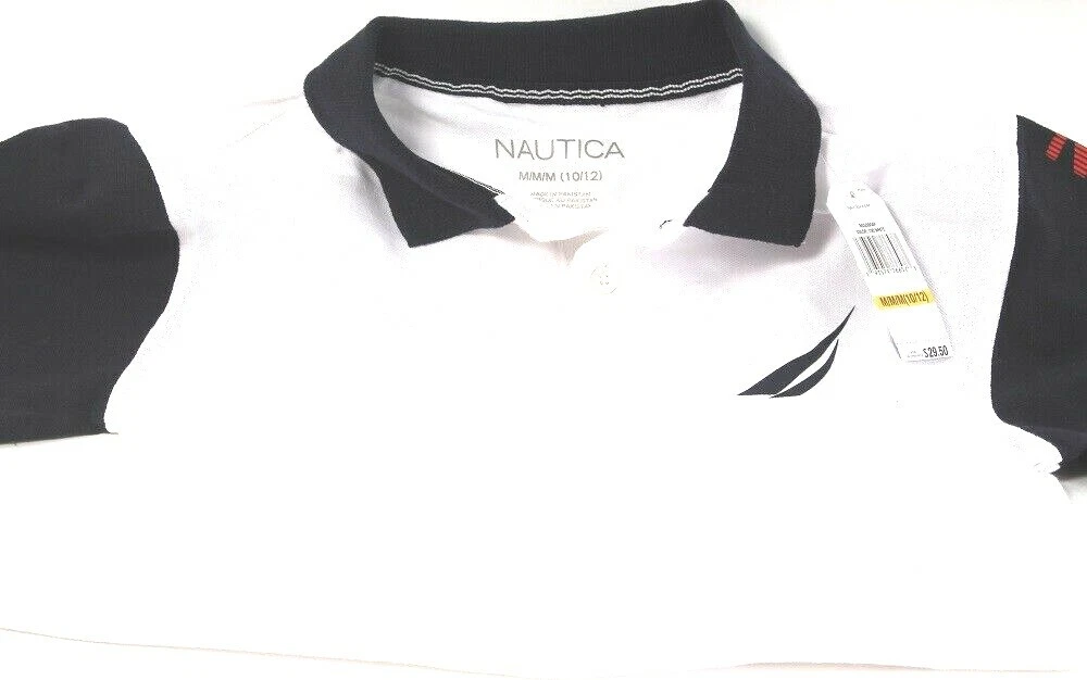 1 Count Nautica 100 White Medium White Bodied Blue Sleeved Collared T Shirt image 1