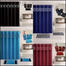 19PC PRINT BATHROOM SET 2 BATH MATS 1 SHOWER CURTAIN HOOKS 4PC CERAMIC ACESORIES