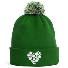Image of Embroidered Shamrock Heart Beanie Hat Bobble St Patricks Day Men and Women Ir...