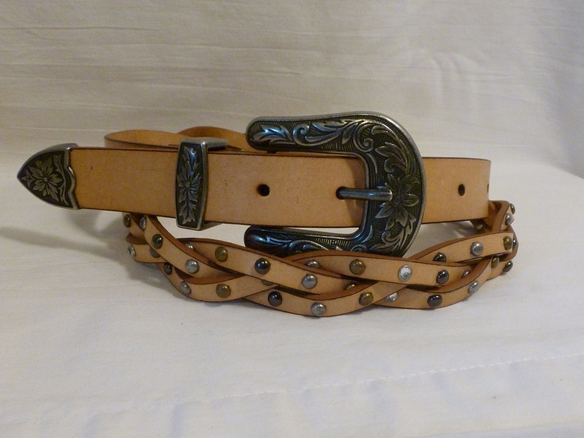 ladies western crystal studded fashion Braided LEATHER BELT  display picture 3