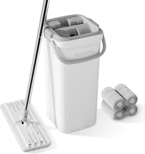 Mop and Bucket with Wringer Set, Flat Floor Mop and Bucket for Home, Includes 4